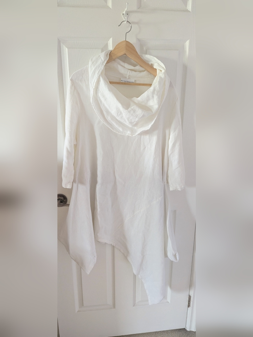 Bryn Walker Classic White Asymmetric Linen Tunic with Draped Cowl Neck